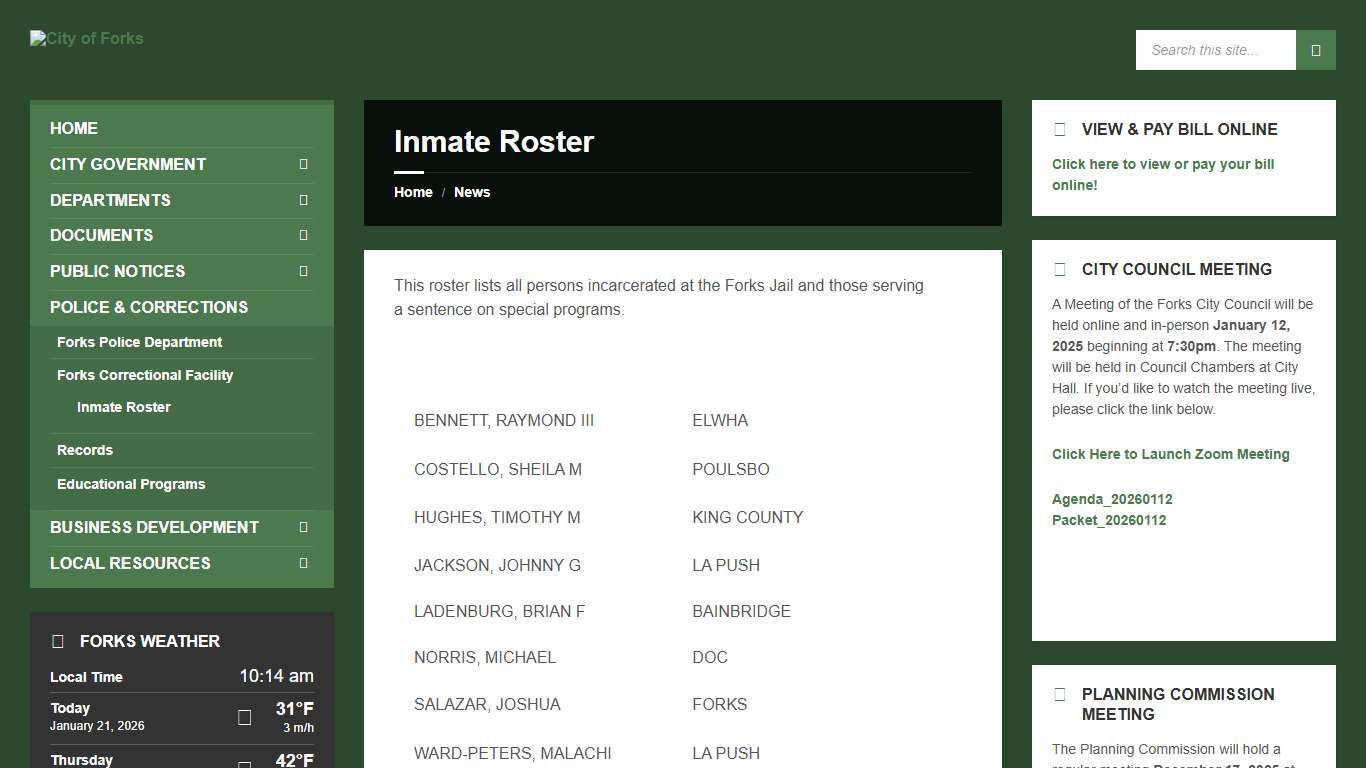 Inmate Roster – City of Forks